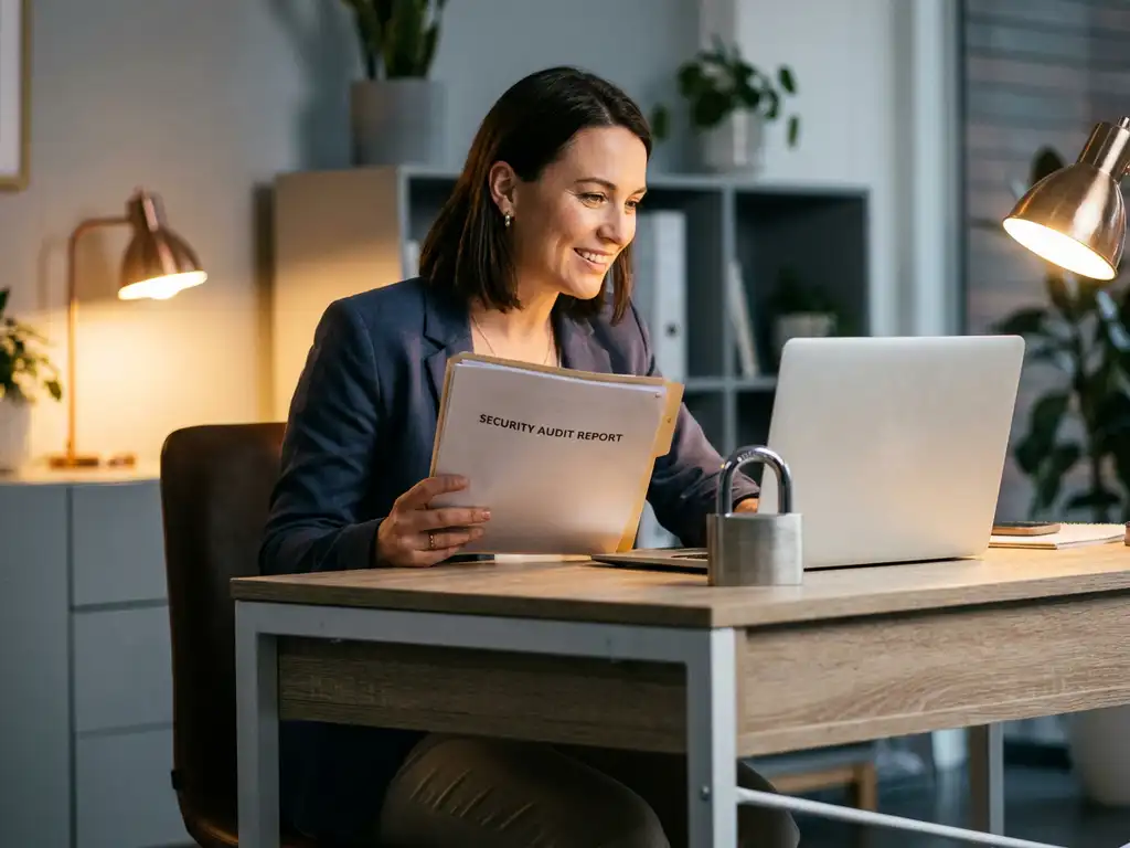 Ondernemer bestudeert beveiligingsaudit documenten aan modern bureau met stalen hangslot naast laptop.