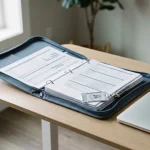 Open map met gestructureerde documenten op modern bureau, laptop en beveiligingsbadge zichtbaar, verlicht door zacht natuurlijk raamlicht.