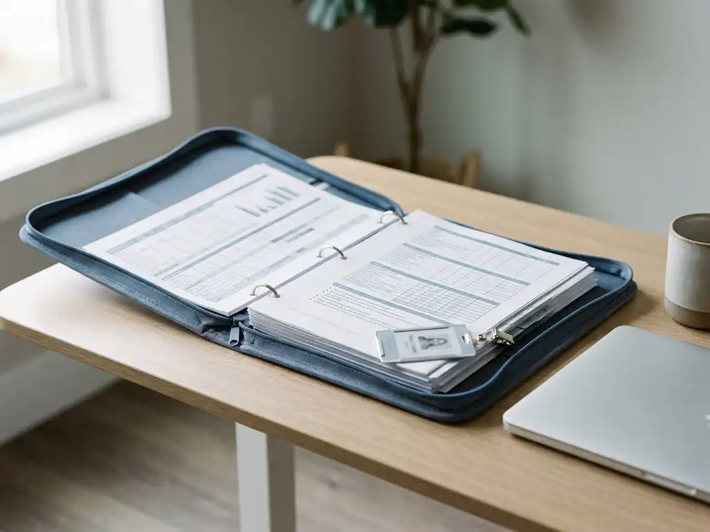 Open map met gestructureerde documenten op modern bureau, laptop en beveiligingsbadge zichtbaar, verlicht door zacht natuurlijk raamlicht.