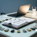 Open beveiligingsbeleid-map op glazen bureau, omringd door hangsloten in cirkelvorm, laptop op achtergrond.