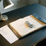 Opengeslagen leren beleidsdocument op modern bureau met metalen hangslot en beveiligingsaudit checklist.