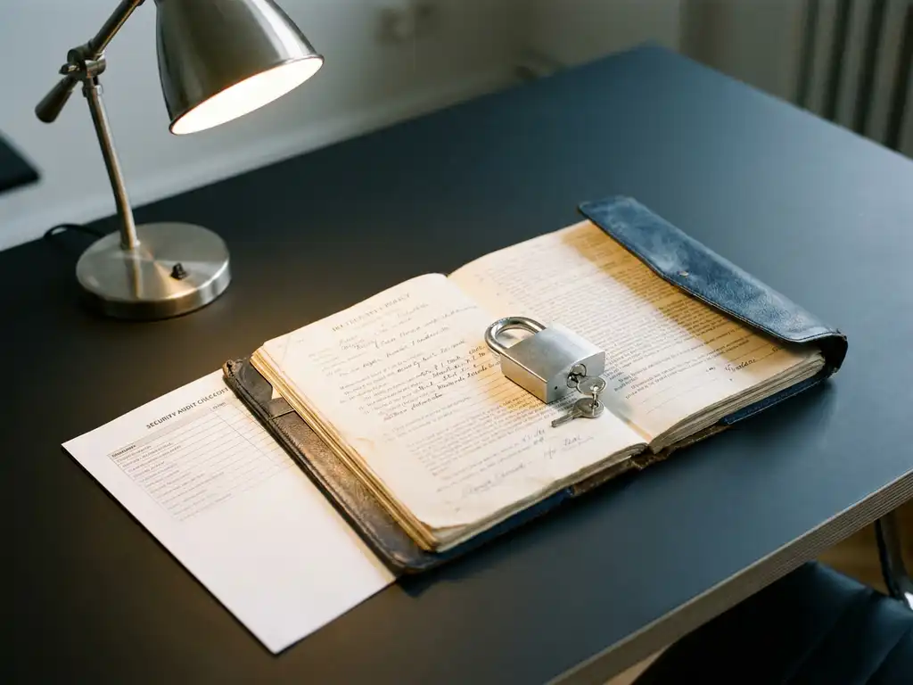 Opengeslagen leren beleidsdocument op modern bureau met metalen hangslot en beveiligingsaudit checklist.