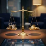 Messing weegschaal op donker bureau met combinatieslot en beveiligingstoken tegenover gestapelde euromunten, digitaal dashboard weerspiegeld in het oppervlak.