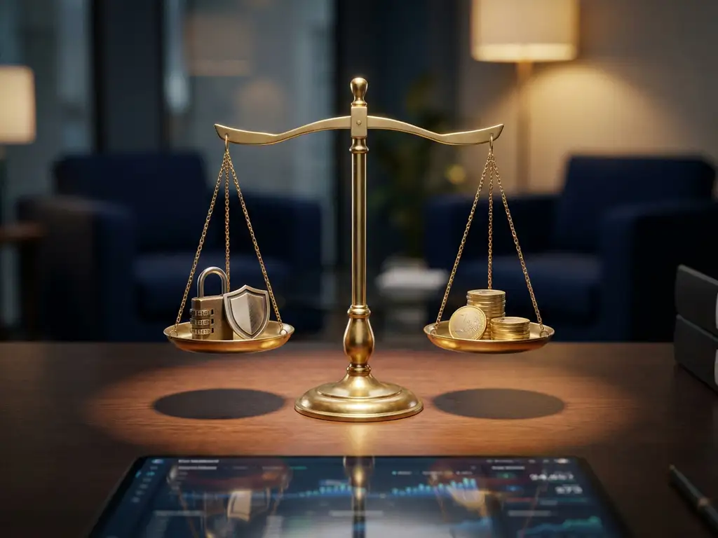 Messing weegschaal op donker bureau met combinatieslot en beveiligingstoken tegenover gestapelde euromunten, digitaal dashboard weerspiegeld in het oppervlak.