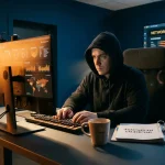 Cybersecurityprofessional analyseert netwerkwaarschuwingen op verlicht scherm in donker kantoor, incident response-map en koffie op bureau.