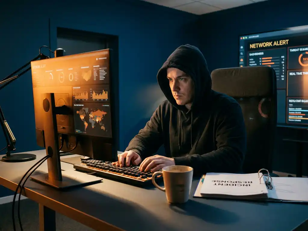 Cybersecurityprofessional analyseert netwerkwaarschuwingen op verlicht scherm in donker kantoor, incident response-map en koffie op bureau.