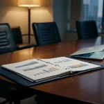 Opengeslagen beveiligingsrapport op een glanzende boardroomtafel met laptop, datavisualisaties en sfeervolle amberkleurige bureaulampverlichting.