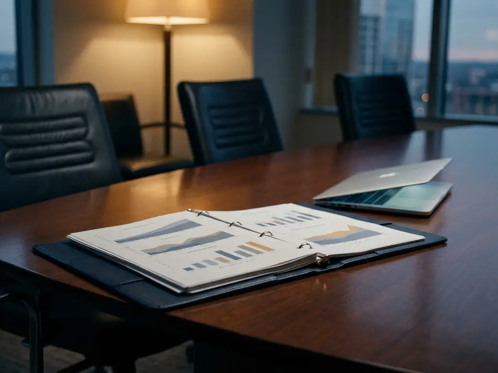 Opengeslagen beveiligingsrapport op een glanzende boardroomtafel met laptop, datavisualisaties en sfeervolle amberkleurige bureaulampverlichting.