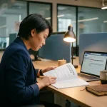 Professional bestudeert beveiligingstraining aan modern bureau, laptop met phishing-e-mail op achtergrond, koffie en notitieboek zichtbaar.