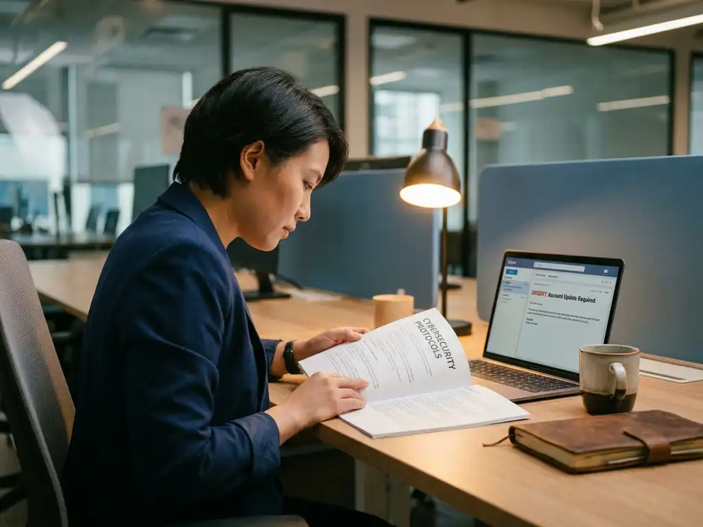 Professional bestudeert beveiligingstraining aan modern bureau, laptop met phishing-e-mail op achtergrond, koffie en notitieboek zichtbaar.