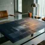 Architectuurblauwdruk van modern gebouw met privacyschild in fundering, zichtbaar door glazen bureau in stijlvol kantoor.