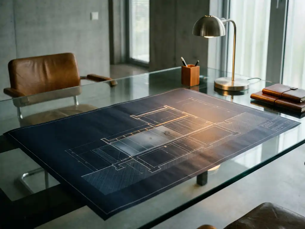 Architectuurblauwdruk van modern gebouw met privacyschild in fundering, zichtbaar door glazen bureau in stijlvol kantoor.