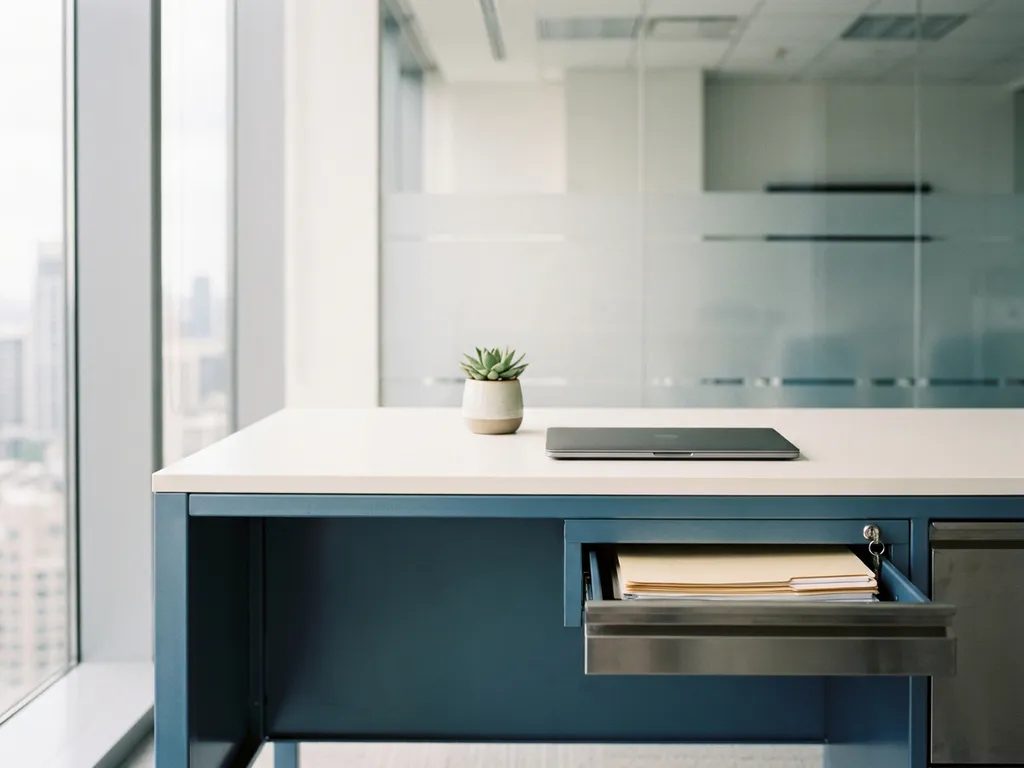 Opgeruimd modern bureau met gesloten laptop, klein potplantje en half-open la met vergrendelde vertrouwelijke documenten.