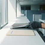 Gehandschoende hand verwijdert mappen van een minimalistische bureau, één document blijft achter in strak modern kantoor.