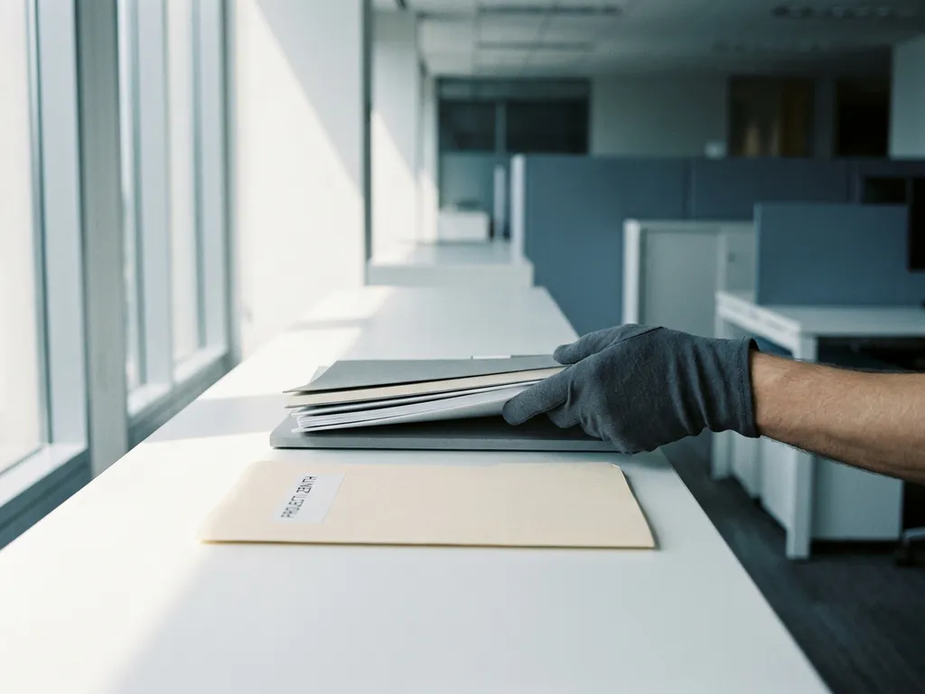 Gehandschoende hand verwijdert mappen van een minimalistische bureau, één document blijft achter in strak modern kantoor.