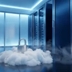 Zilveren hangslot op witte wolken in een minimalistische serverruimte met blauw omgevingslicht en metalen oppervlakken.