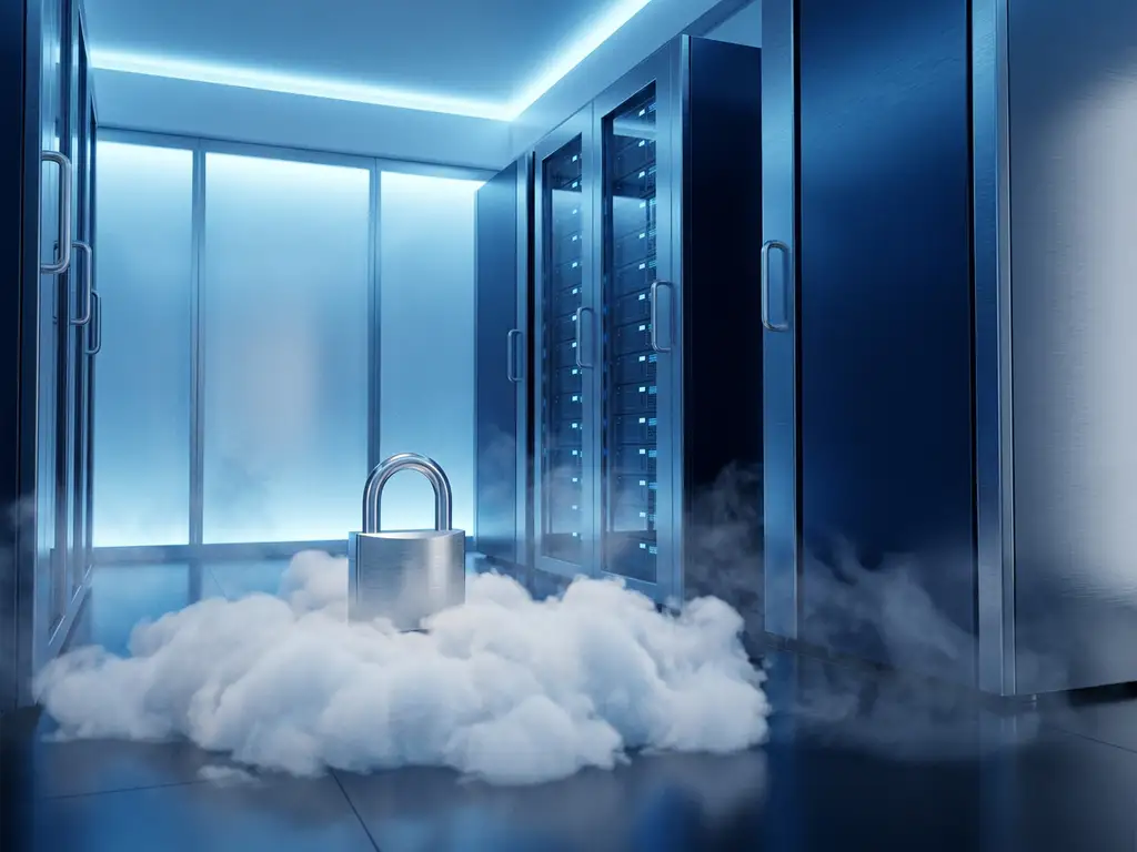 Zilveren hangslot op witte wolken in een minimalistische serverruimte met blauw omgevingslicht en metalen oppervlakken.
