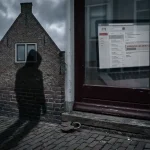 Gehackt Nederlands kantoorgebouw van rode baksteen met schaduw van capuchonfiguur, gebarsten hangslot op de drempel en phishing-e-mail op laptopscherm.