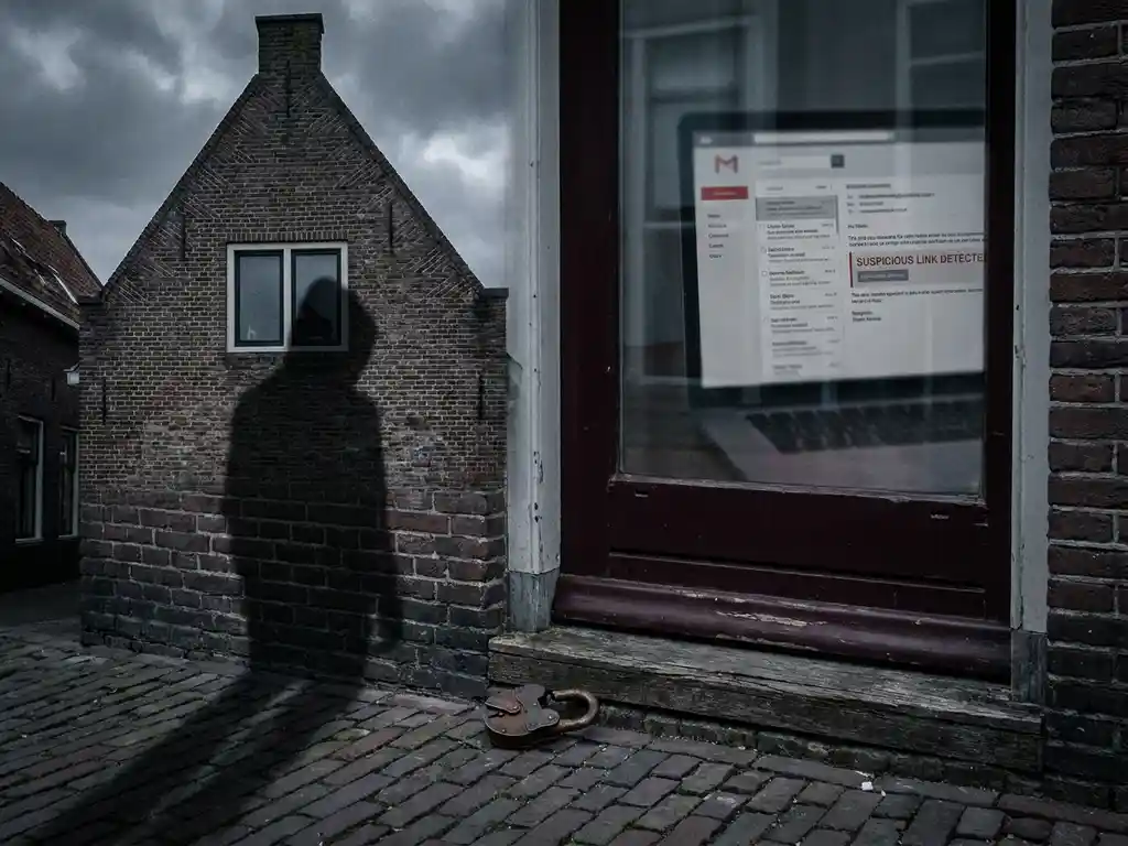 Gehackt Nederlands kantoorgebouw van rode baksteen met schaduw van capuchonfiguur, gebarsten hangslot op de drempel en phishing-e-mail op laptopscherm.