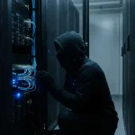 Gehurkte figuur in donkere hoodie verborgen tussen serverracks in schemering verlicht datacenter met gloeiende netwerkkabels.