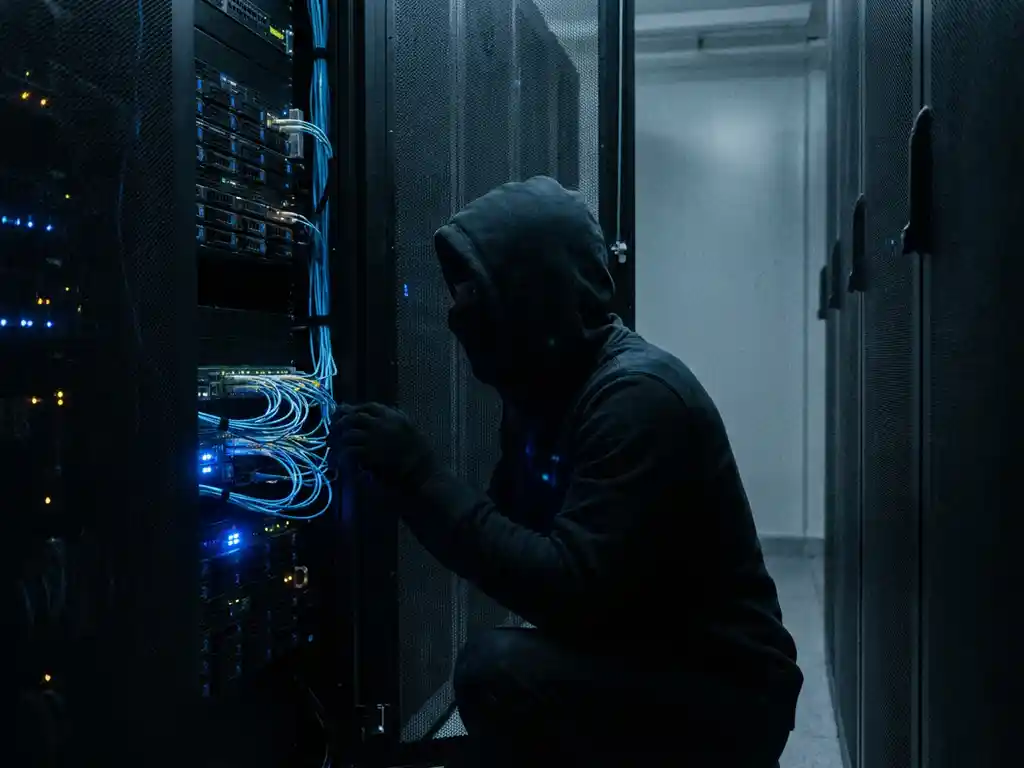 Gehurkte figuur in donkere hoodie verborgen tussen serverracks in schemering verlicht datacenter met gloeiende netwerkkabels.