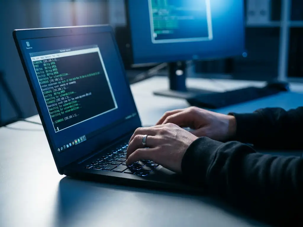 Cybersecurity-analist typt op zwarte laptop met terminalvenster vol netwerkscans in donker kantoor met blauw monitorlicht.