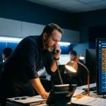 Cybersecurityprofessional belt rustig via bureautelefoon in donkere crisisruimte, op de achtergrond een monitor met waarschuwingsmeldingen.