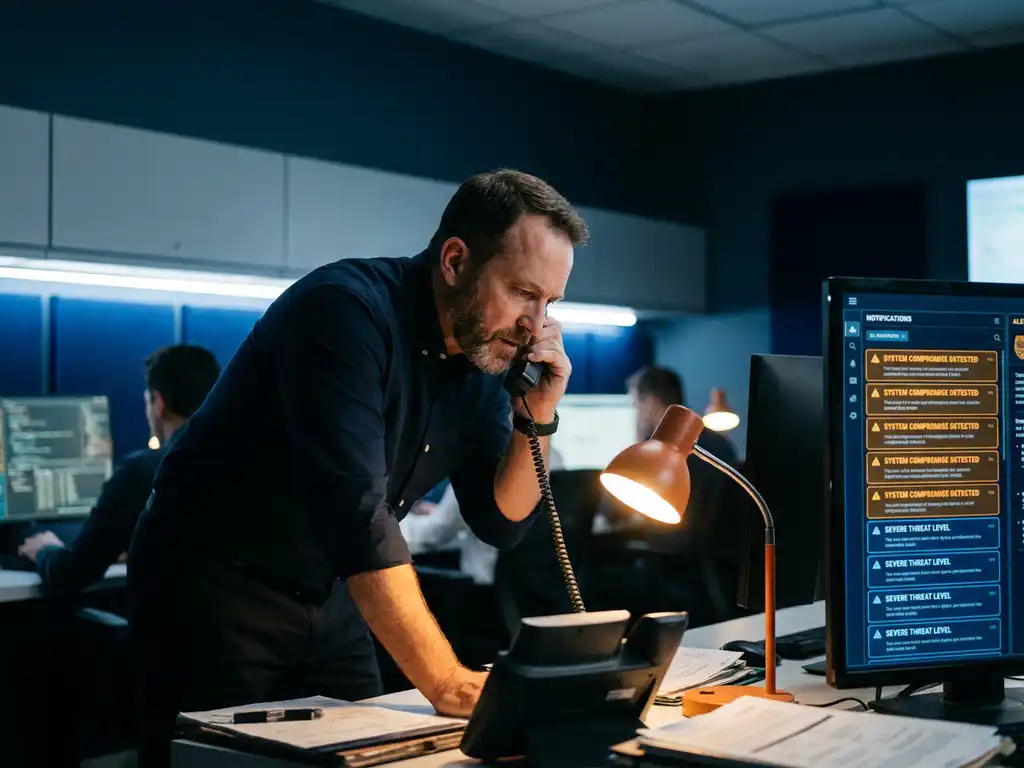 Cybersecurityprofessional belt rustig via bureautelefoon in donkere crisisruimte, op de achtergrond een monitor met waarschuwingsmeldingen.