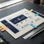 Afgedrukt digitaal dashboard op mat papier, omringd door stalen liniaal, vulpotlood en gekleurde sticky notes op donker leisteen bureau.