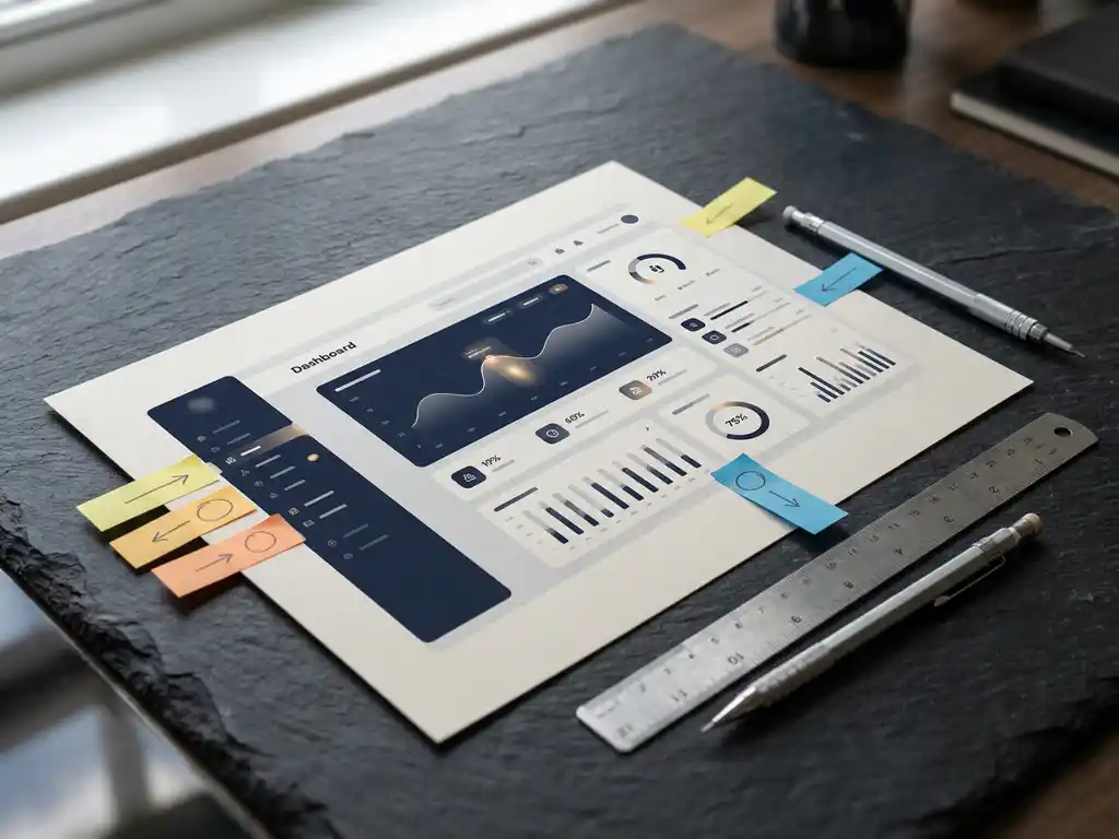 Afgedrukt digitaal dashboard op mat papier, omringd door stalen liniaal, vulpotlood en gekleurde sticky notes op donker leisteen bureau.