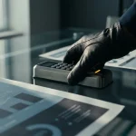 Gehandschoende hand die een digitaal slot plaatst op een glazen bureau met klantprofieldocumenten, in een moderne bedrijfsbeveiligingsomgeving.