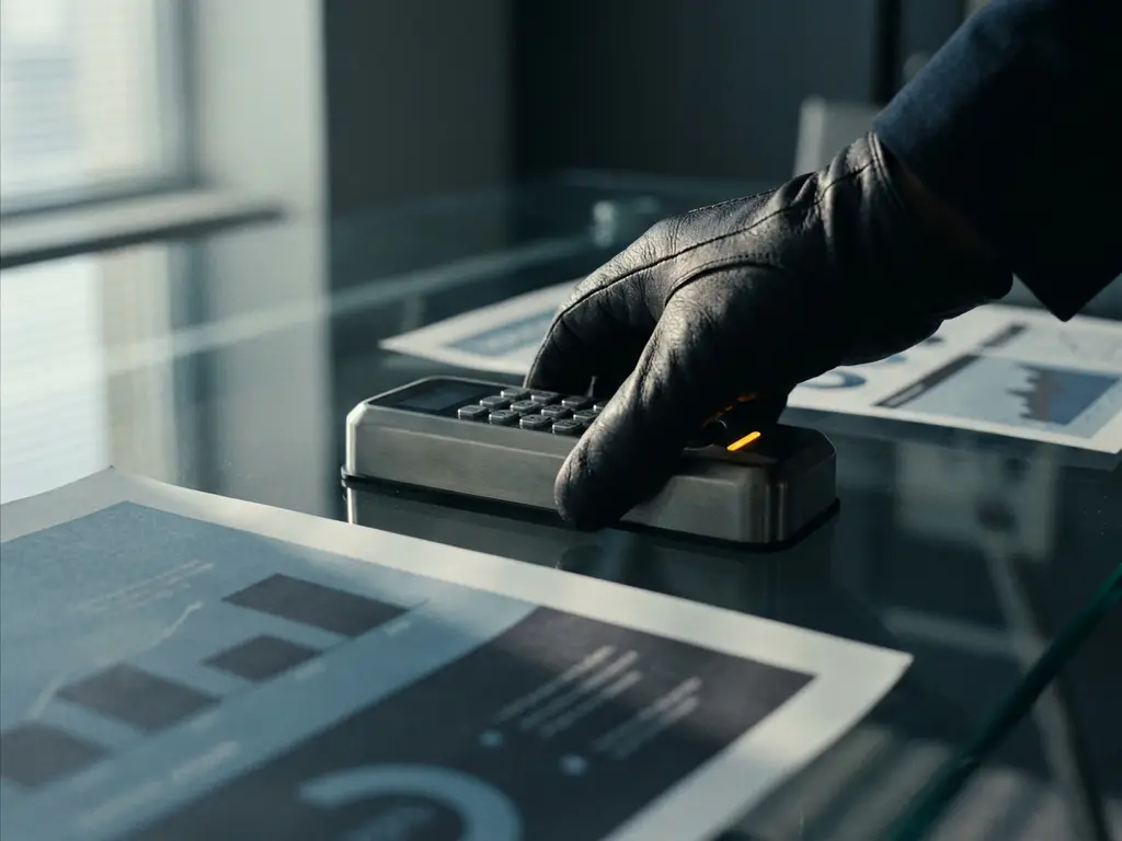 Gehandschoende hand die een digitaal slot plaatst op een glazen bureau met klantprofieldocumenten, in een moderne bedrijfsbeveiligingsomgeving.