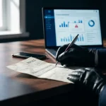 Gehandschoende hand die bankgegevens vervalst op papieren factuur, laptop met financieel dashboard op achtergrond.