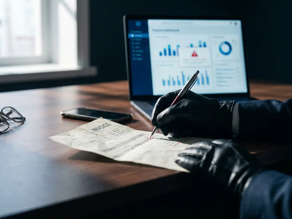 Gehandschoende hand die bankgegevens vervalst op papieren factuur, laptop met financieel dashboard op achtergrond.