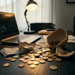 Gebroken spaarpot met euro's verspreid over donker bureau, omringd door bonnetjes en gekrapt laptop, dramatische bureaulampverlichting.