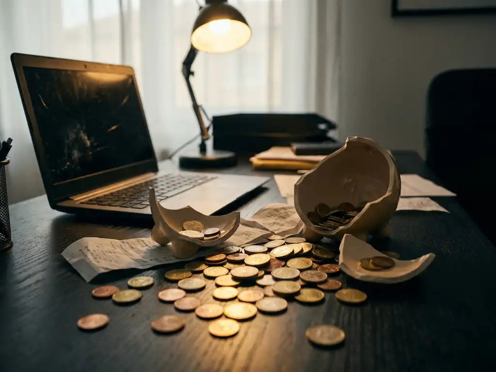 Gebroken spaarpot met euro's verspreid over donker bureau, omringd door bonnetjes en gekrapt laptop, dramatische bureaulampverlichting.