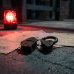 Gebarsten ijzeren hangslot op beton met officiële documenten eronder, verlicht door rood waarschuwingslicht in dramatische schaduw.