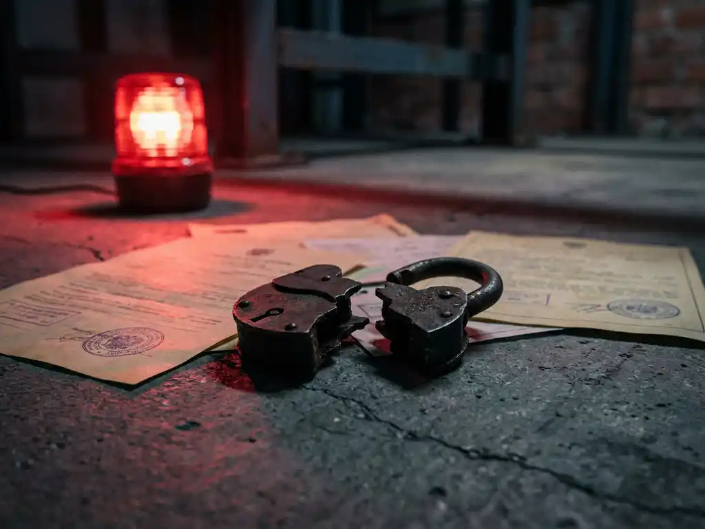 Gebarsten ijzeren hangslot op beton met officiële documenten eronder, verlicht door rood waarschuwingslicht in dramatische schaduw.