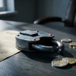 Gebroken ijzeren hangslot op donker bureau met juridisch document en euromunten, symboliseert financiële boete en rechtszaak.
