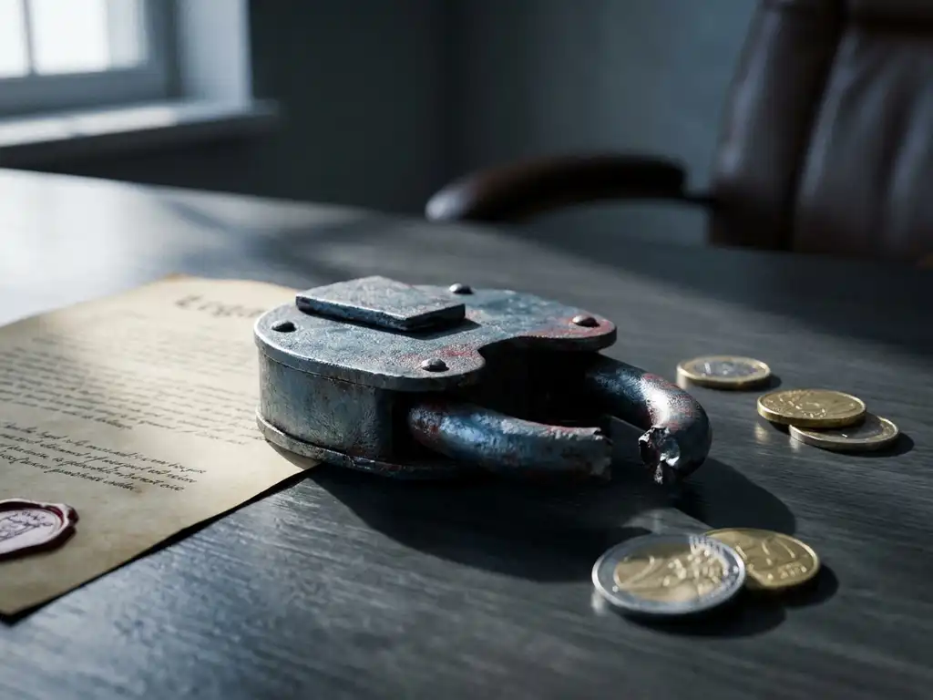 Gebroken ijzeren hangslot op donker bureau met juridisch document en euromunten, symboliseert financiële boete en rechtszaak.