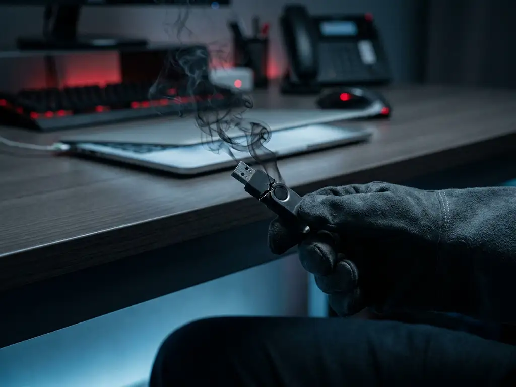 Gehandschoende hand houdt een gebarsten USB-stick vast waaruit donkere rook kringelt, met een laptop op de achtergrond.