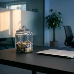 Glazen koekjespot gevuld met kleine hangsloten op een donker bureau naast een dichte laptop, moderne kantooromgeving.
