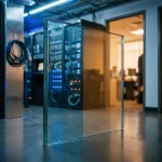 Glazen schild rechtopstaand op donkere serverroomvloer, verlicht door blauw datacenterlight en warm amber kantoorlicht, met kabelracks op de achtergrond.