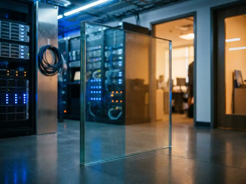 Glazen schild rechtopstaand op donkere serverroomvloer, verlicht door blauw datacenterlight en warm amber kantoorlicht, met kabelracks op de achtergrond.