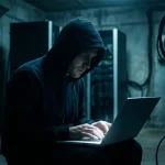 Persoon in donkere hoodie gebogen over verlichte laptop in schemerige serverruimte met kabels en serverkasten op de achtergrond.