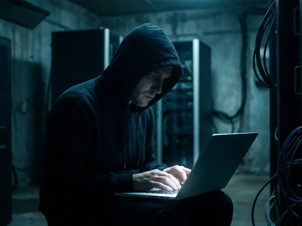 Persoon in donkere hoodie gebogen over verlichte laptop in schemerige serverruimte met kabels en serverkasten op de achtergrond.