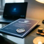 ISO-certificeringsdocument met metalen stempel op glazen bureau, naast gestapelde euromunten en open laptop op de achtergrond.