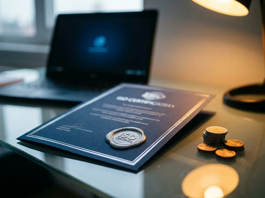 ISO-certificeringsdocument met metalen stempel op glazen bureau, naast gestapelde euromunten en open laptop op de achtergrond.