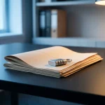 Gevouwen juridisch document op donker bureau met combinatieslot, zachte blauw-grijze kantooromgeving, diepe scherptediepte.