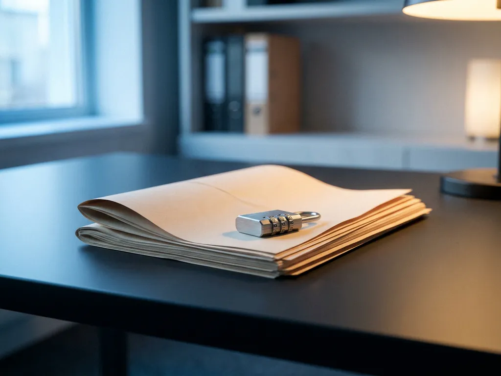 Gevouwen juridisch document op donker bureau met combinatieslot, zachte blauw-grijze kantooromgeving, diepe scherptediepte.